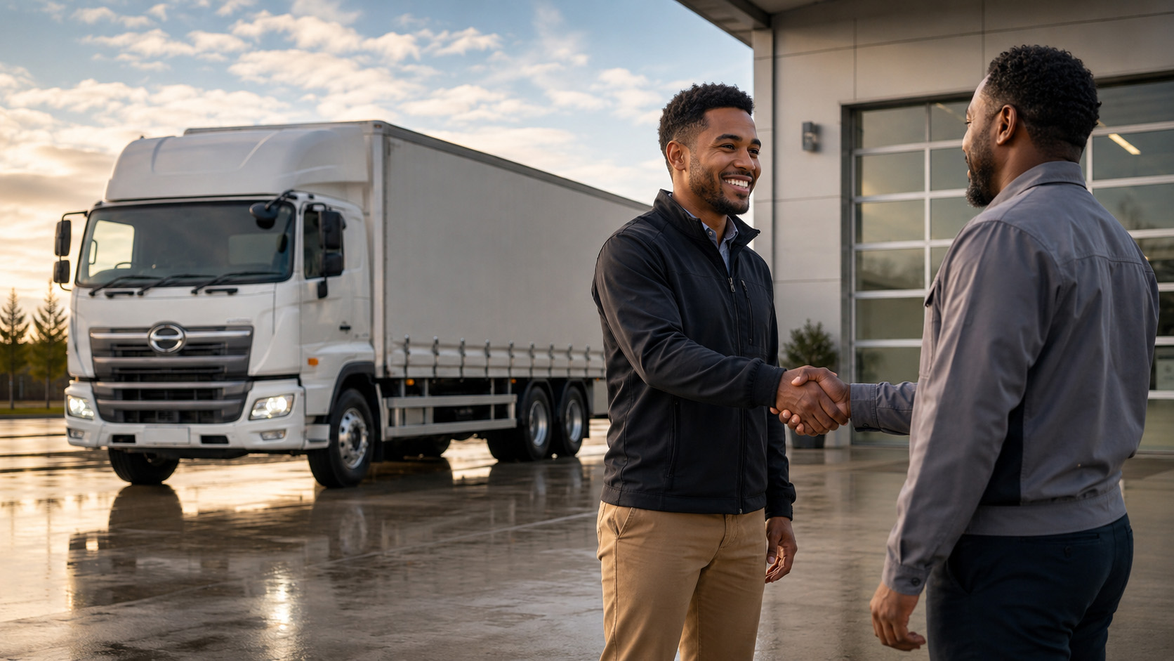 Hino sales executive shaking hands with a customer in front of a Hino truck
